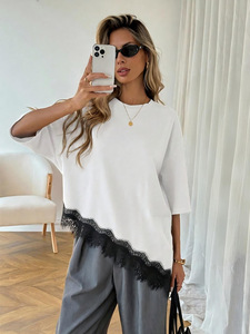 <span class=keywords><strong>T</strong></span>-<span class=keywords><strong>shirt</strong></span> da donna con orlo asimmetrico irregolare, patchwork in pizzo, manica corta, vestibilità ampia, taglie forti, girocollo casual, elegante, personalizzabile, all'ingrosso - Product Image 6