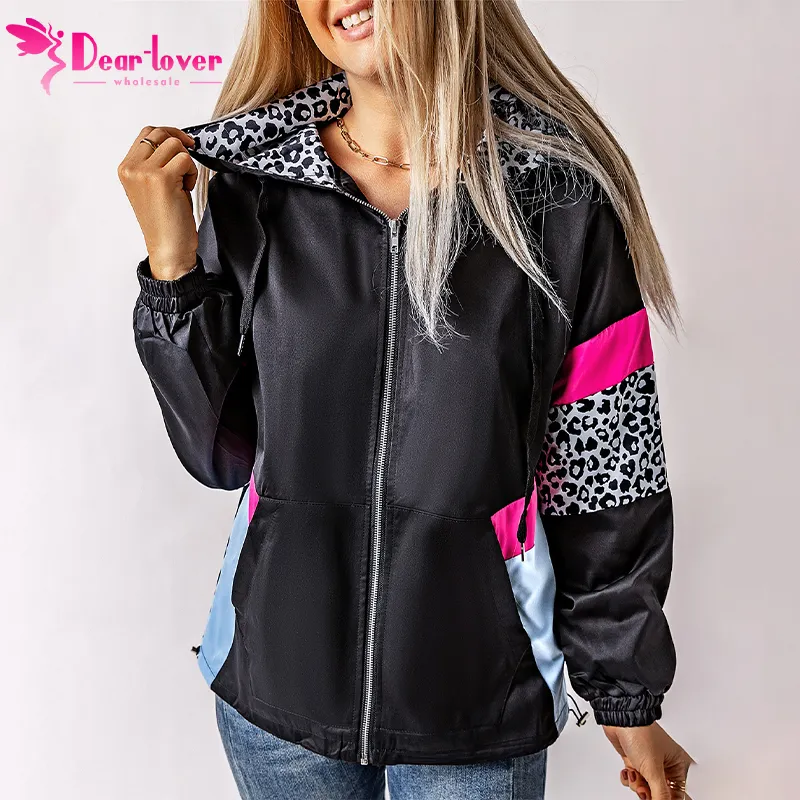 2023 Ladies Zipper Black Leopard Pink Color Block Pockets Full Zip Up hoodie Long Sleeve Shacket Jacket