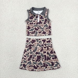 Ensemble robe sans manches pour filles, imprimé camouflage, avec jupe plissée et col rabattu, style décontracté, coupe trapèze courte - Product Image 1