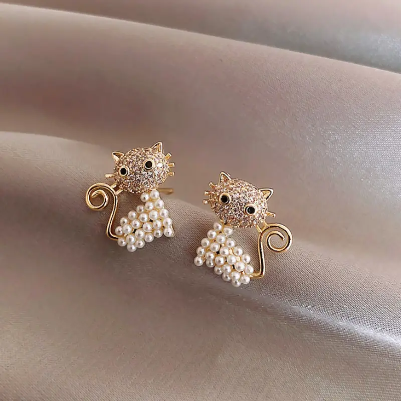 Korean Fashion Gold Plated Bling Rhinestone Earring Jewelry Cute Pearl Pave Kitty Cat Stud Earrings For Women Girls