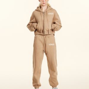 ชุดเซ็ตเสื้อฮู้ดครอปปักลายผ้าขนหนูและลายพิมพ์ ผ้าฝ้าย 100% กันยับ สไตล์ลำลอง พร้อมกางเกงขายาวไซส์ใหญ่ - Product Image 1