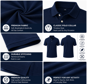 Chemise polo pour homme en coton égyptien 100% - Poids lourd - Bleu marine - Chemise polo de qualité supérieure - Douce et résistante - Vêtement décontracté pour le golf - Product Image 2