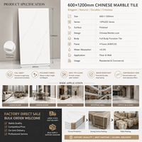 Carrelage en porcelaine blanche pleine masse 600x1200mm, aspect marbre chinois, moderne, poli, pour sol et mur, étanche et résistant à l'usure