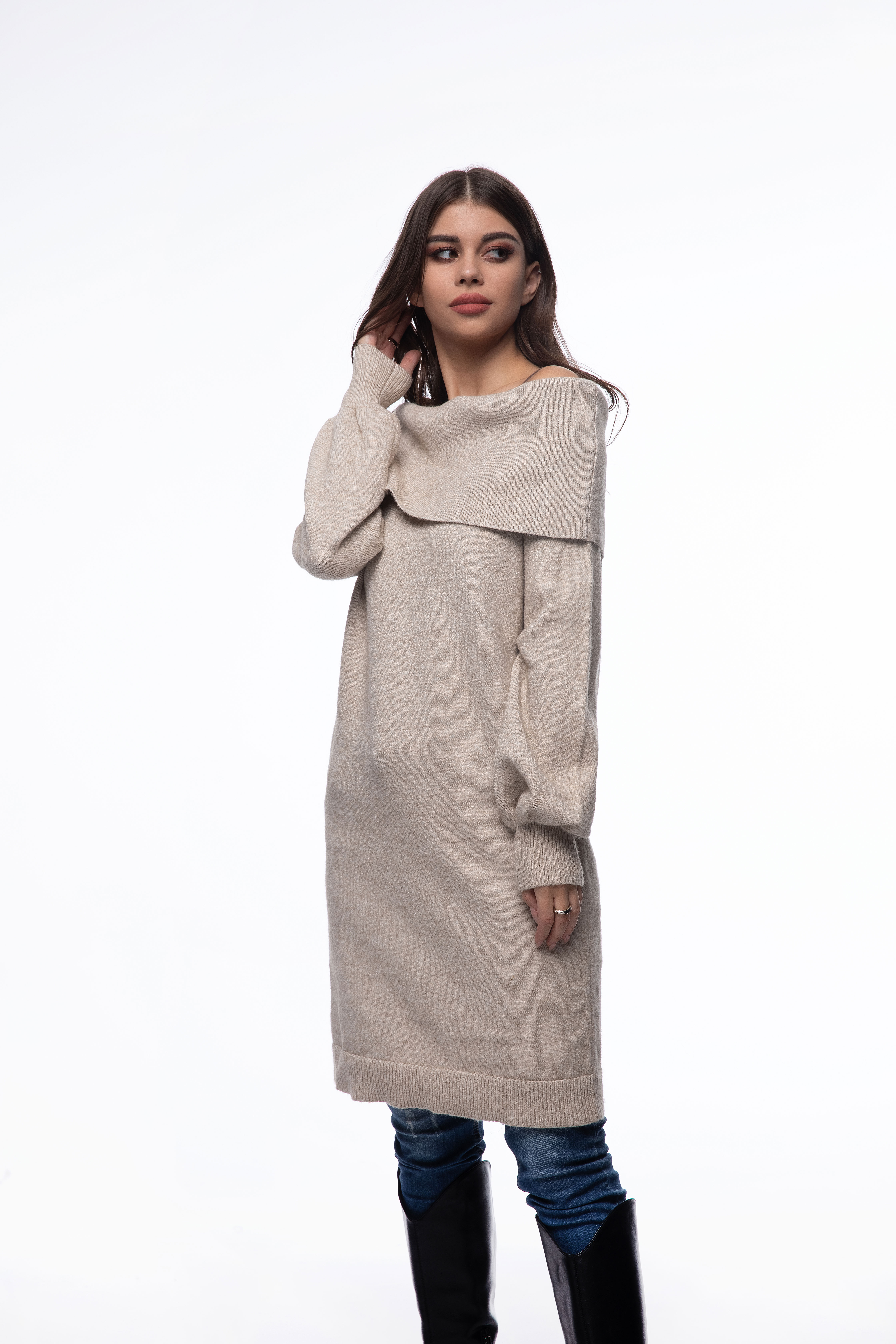 顶级时尚新款式双层船领长针织毛衣连衣裙女装