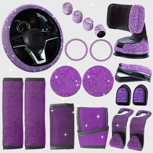 11pcs Leather <strong>Car</strong> Steering Wheel <strong>Seat</strong> Belt Phone Holder Sunglasses <strong>Clip</strong> S Hook Cup Mat Set With Rhinestone Accents - Product Image 1