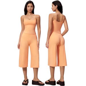 Womens Workout <b>Set</b> Spaghetti Strap Crop Top Matching Wide Leg Capri Pants Yoga Gym Pilates Outfit Breathable Spandex Polyester - Product Image 1