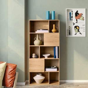 Узкий книжный шкаф с эффектом дуба, деревянная витрина с открытым и скрытым хранилищем для гостиной - Product Image 2