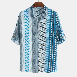 Camisa geométrica casual para homens, várias cores, para o verão, praia, manga curta, estampa geométrica havaiana