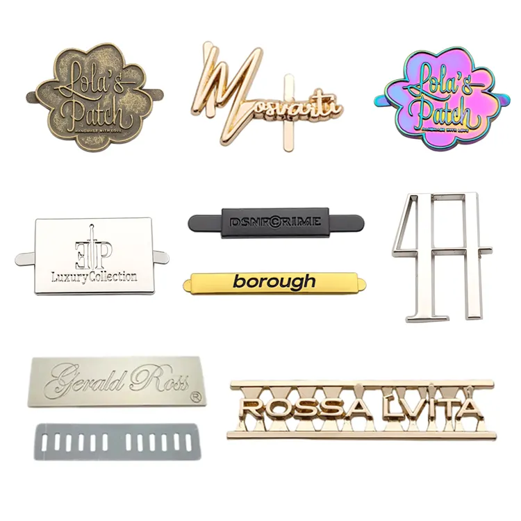 Etiqueta de logotipo de letra de Metal para bolso, bolso de cuero personalizada para etiqueta de Metal chapado en oro, placa de etiqueta de Metal para bolso y monedero