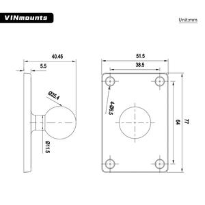 VINmounts Support 1" tête sphérique, espacement trous 38,5*64mm, base carrée en aluminium pour dispositif  VIN-B-002 - Product Image 2