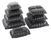 Wegwerp plastic bakje met 3 compartimenten, zwart transparant, scharnierend, voor afhaalmaaltijden/clamshell verpakking