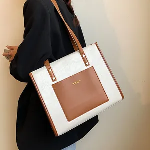 Fashion Woman Color Blocked Handbags PU Leather Shoulder Tote Bags For Lady