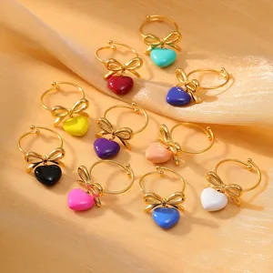 2024 New Colorful Enamel Bow-Knot Heart Stud Earrings Adjustable Rings Women Kids Waterproof Stainless Steel Wedding Party