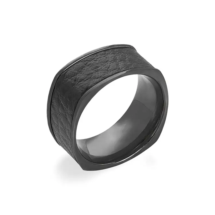 Wholesale Fashion Jewelry Men's Stainless Steel Black Color Leather Finger Ring