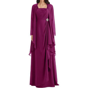 فستان سهرة رسمي لأم العروس مع كشكشة وطيات مع جاكيت، فستان طويل من الشيفون من قطعتين - Product Image 1