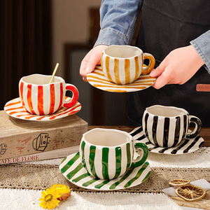 Wholesale Hand Painted Striped Coffee <b>Cup</b> and Saucer <b>Set</b> Modern Afternoon Ceramic <b>Tea</b> <b>Cup</b> <b>Set</b> - Product Image 1