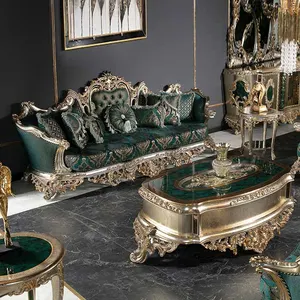 französischer Luxus-Stil Massivholzmöbel hochwertiges Sofa klassisches Wohnzimmer-Sofa-Set mit Gold-/Silber-Blattfarbe