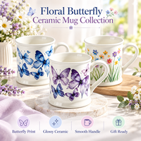 Mug en céramique personnalisé avec motif floral et papillon, avec boîte cadeau, design imprimé de fleurs personnalisé, tasse en porcelaine pour la maison, vaisselle