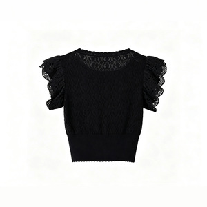 Suéter de punto con encaje para mujer de Dalang Sweater Factory, top corto ajustado de manga corta con aberturas, cárdigan transpirable a la moda - Product Image 4