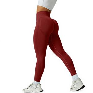 Leggings de yoga minimalistes taille haute pour femme, coupe ajustée, couleur unie, en Spandex et Nylon, sans couture, avec design froncé aux fesses, élastiques - Product Image 1
