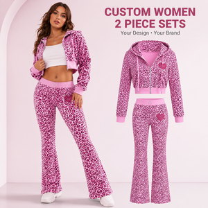 Fabricantes de Ropa, Conjuntos de 2 Piezas Personalizados para Mujer, Sudadera Corta con Cremallera y Estampado de Leopardo Rosa y Pantalones Acampanados con Pedrería, Ropa Urbana Y2K - Product Image 1