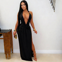 Robe de soirée sexy pour femme, col halter en V profond, dos nu, moulante aux hanches, fente haute, longueur ras du sol, noire, vente en gros, personnalisable OEM