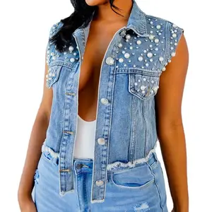 Chất Lượng Cao Màu Rắn Không Tay Cắt Denim Áo Khoác Bán Buôn Sang Trọng Rhinestone Jean Coat Beading Denim Áo Ghi Lê Cho wome