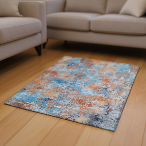 Tapis abstrait rectangulaire 4x6 moderne à poils ras en laine et soie noué à la main avec envers en caoutchouc pour salon, chambre, cuisine, salle à manger - Product Image 2