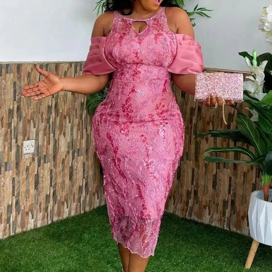 2023 Luxe Hoge Taille Afrikaanse Roze Jurk Voor Vrouwen Elegante Dame Avondjurken Sexy Vrouwelijke Off Shoulder Party Bodycon Jurk