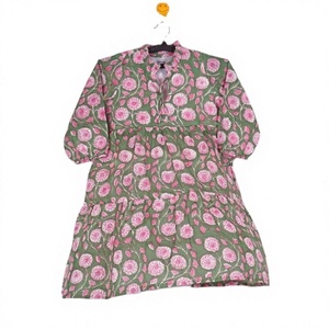 Robe midi ample à imprimé floral avec col mandarin, manches bouffantes trois quarts, taille élastique, tenue décontractée pour le printemps - Product Image 1