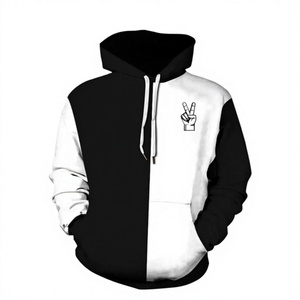 Fashionable Contrast Panel Black White <b>Pullover</b> Hoodie with Drawstring Hood and Kangaroo Pocket - Product Image 1