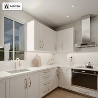 Meuble de cuisine laqué style Shaker, porte encadrée, aménagement en L, dimensions personnalisées, rangement par tiroirs et boîtes de rangement en contreplaqué