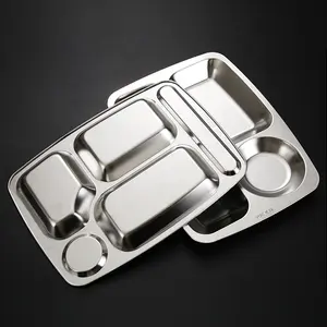 Factory School Hospital Food Plate Metal Stainless Steel 5 Compartments Lunch Plate With Divider Student Dining Plate