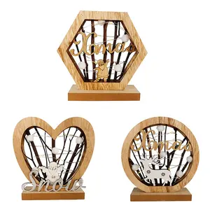 Wooden Christmas crafts decorated with snow xmas hexagonal heart-shaped LED lights for home tabletop decoration