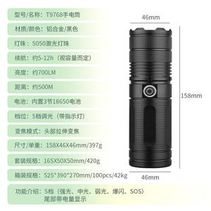Lampe torche LED rechargeable Luomen T9768, 158 mm, en alliage d'aluminium, haute luminosité, pour extérieur, avec mode de focalisation et SOS - Product Image 1
