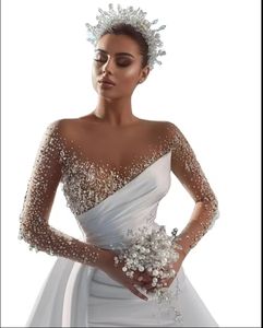 فساتين زفاف حورية البحر مصنوعة في الجمارك بأكمام طويلة أنيقة من الساتان فستان زفاف - Product Image 3