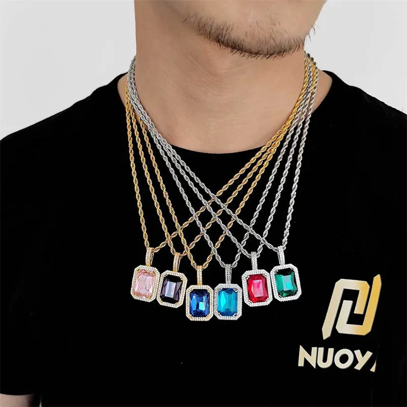 Nuovo Multi colore collane pendenti di cristallo quadrato regali colorato gemma ciondolo collana Hip Hop per gli uomini