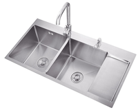 Évier de cuisine double en acier inoxydable 304 fait main avec égouttoir, porte-couteaux et poubelle