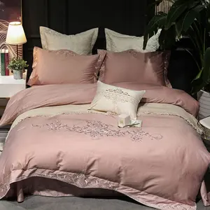 현대 푹신한 7 조각 코튼 침대 시트 핑크 럭셔리 침구 자수 이불 세트 저렴한