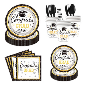 ชุดอุปกรณ์จัดงานรับปริญญาแบบใช้แล้วทิ้งสีดำ DAMAI ประกอบด้วยจาน ผ้าเช็ดปาก แก้ว ผ้าปูโต๊ะ ชุดตกแต่งงานรับปริญญาสำหรับงานฉลองสำเร็จการศึกษา - Product Image 3