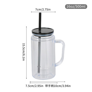Gobelet en plastique avec paille 500 ml, à double paroi, avec poignée, portable, pour usage extérieur - Product Image 5