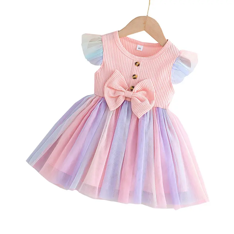 2023 Baby Girls 'Summer Dress Rainbow Knotbow Estilo Coreano Tutu Crianças Princess Dress Roupas para Crianças