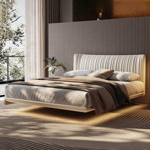 Juego de cama flotante moderno en forma de concha, cama de cuero tapizado de diseñador de estilo crema, marco de cama King de Hotel de lujo con luz - Product Image 3