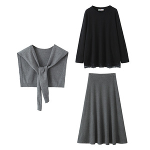 ชุดสามชิ้นสำหรับผู้หญิงแฮปปี้ พลัสสีทึบแต่งลูกไม้ถักนิตติ้งขนาดพลัสชุดลำลองฤดูใบไม้ผลิ N9102 1 - Product Image 2