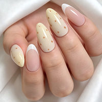 Faux ongles à presser en amande, French Manucure, à pois jaunes, brillants, vente en gros, personnalisables, marque privée