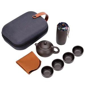 Juego de té de arena púrpura de cerámica Juego de tetera y tazas de viaje al aire libre portátil con bote de té de toalla y bolsa de transporte