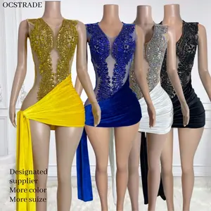 Ocstrade Saprkly Gaun Mewah Berlian Imitasi, Gaun Mini Ulang Tahun Berkilau Tipis, Gaun Ruched Jala Seksi untuk Pesta Klub Malam