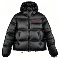 Blouson matelassé noir brillant pour homme avec capuche, rayures rouges sur la poitrine, fermeture éclair, poignets côtelés, long, imperméable, personnalisé, idéal pour l'été