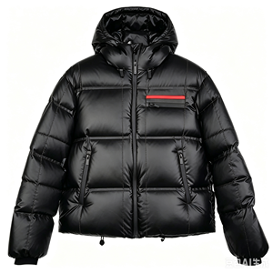 Blouson matelassé noir brillant pour homme avec capuche, rayures rouges sur la poitrine, fermeture éclair et poignets côtelés – Fournisseur en gros personnalisé pour l'hiver - Product Image 1