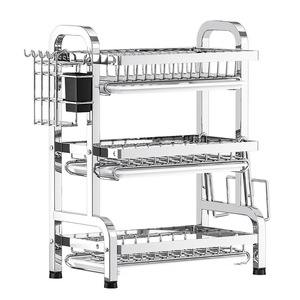 Étagère à vaisselle à trois niveaux en acier inoxydable, organisateur de rangement multifonctionnel pour comptoir de cuisine, pour assiettes et bols, forme carrée - Product Image 2